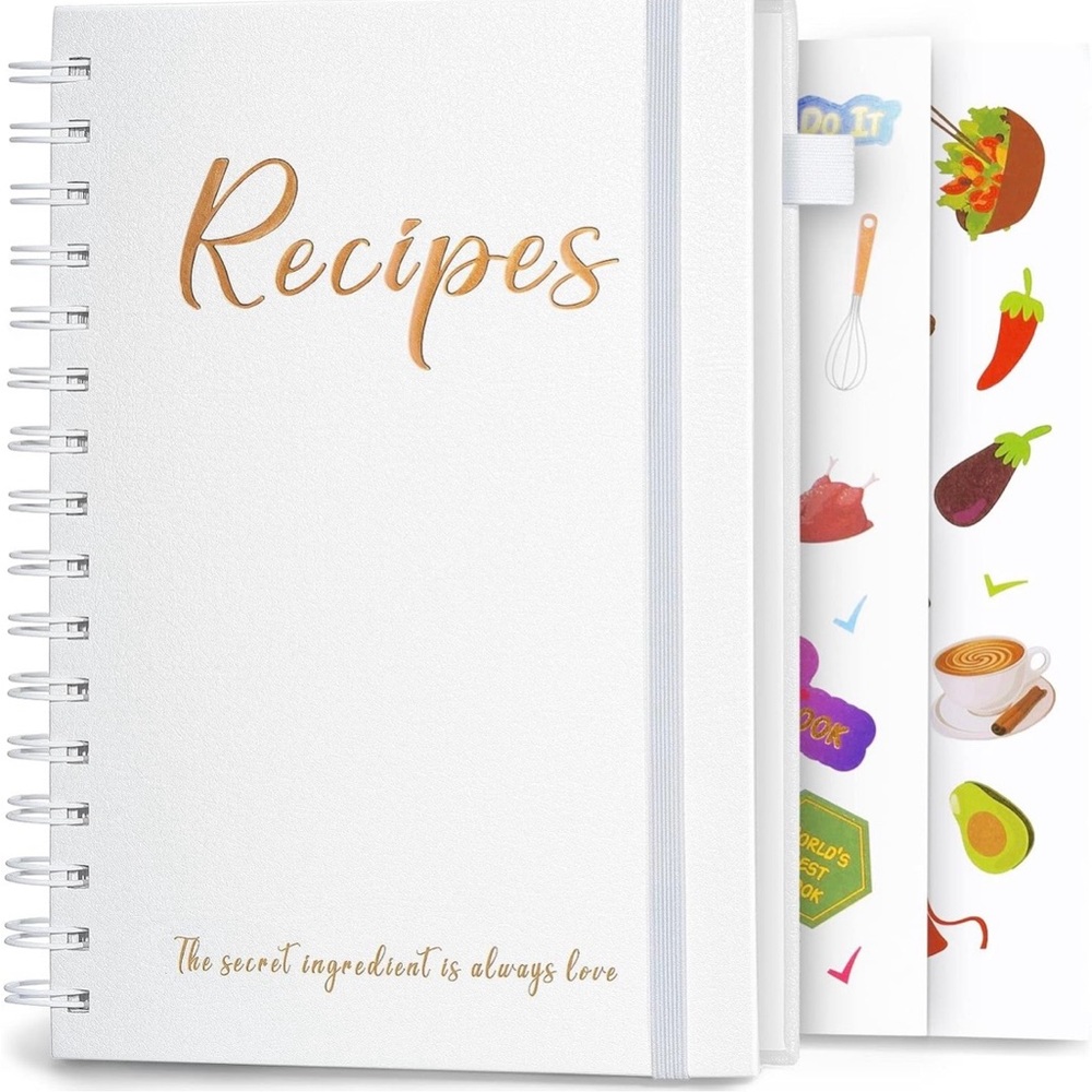 White Recipes Spiral Recipe Book with Gold Lettering.